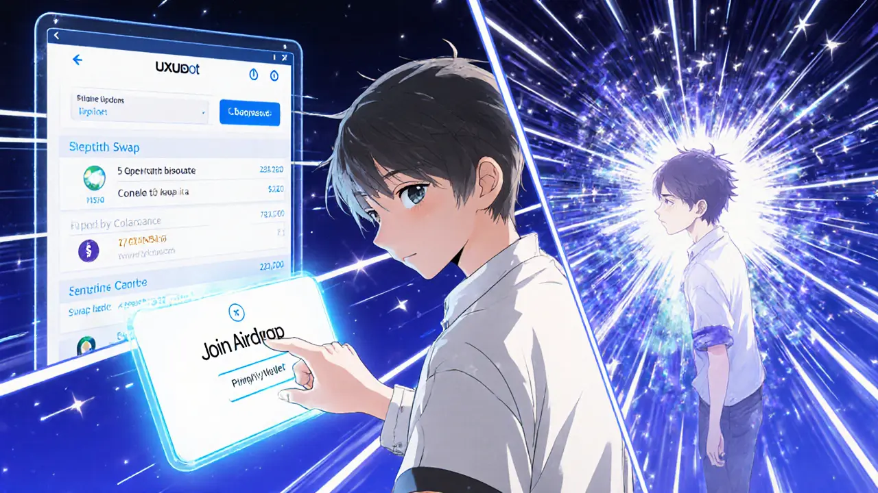 A user interacting with a holographic airdrop interface, with two reward scenarios shown in split-screen manga panels.