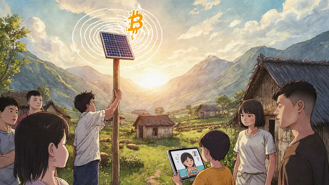 A villager installs a solar hotspot in a rural mountain community, bringing internet access to eager onlookers at sunrise.