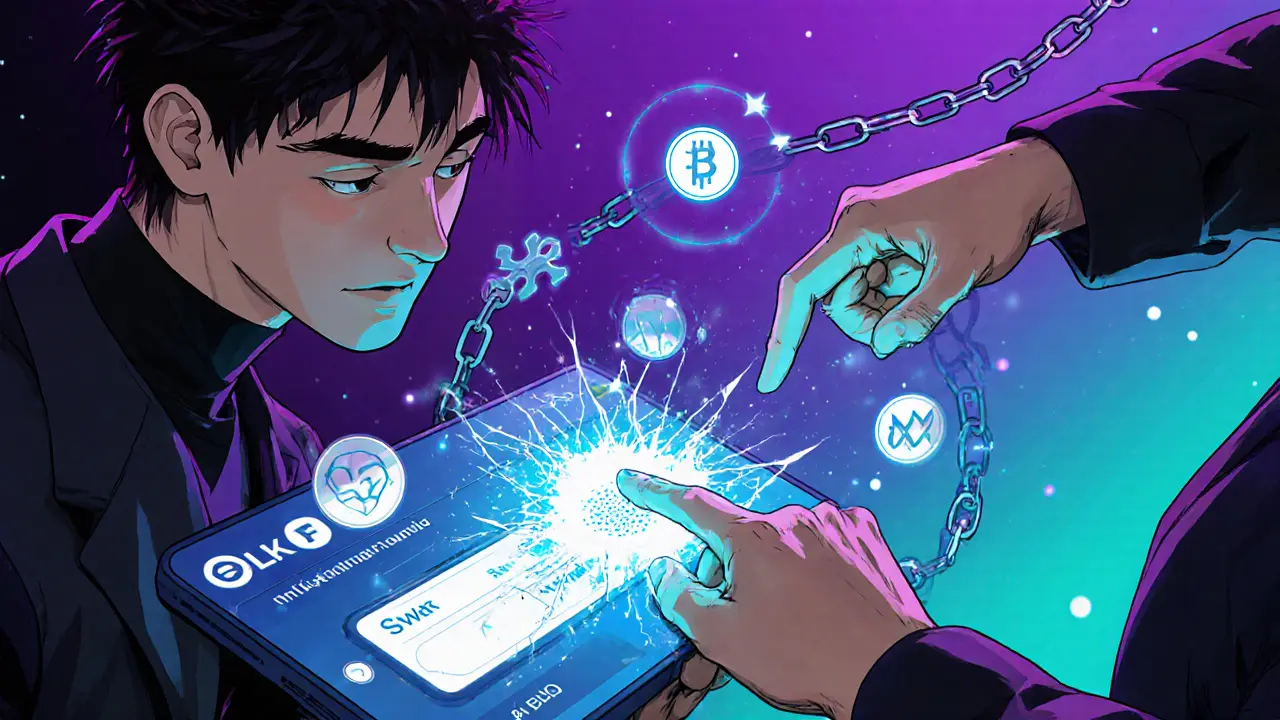 A wallet connecting as BNB transforms into MATIC, with ELK tokens orbiting and a broken bridge crumbling.