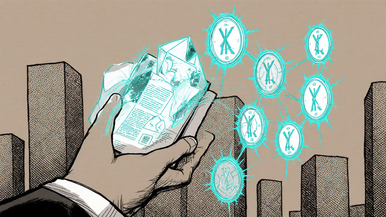 A wallet connecting to a crystalline smart contract as YUZU tokens are mined in a halving pattern.