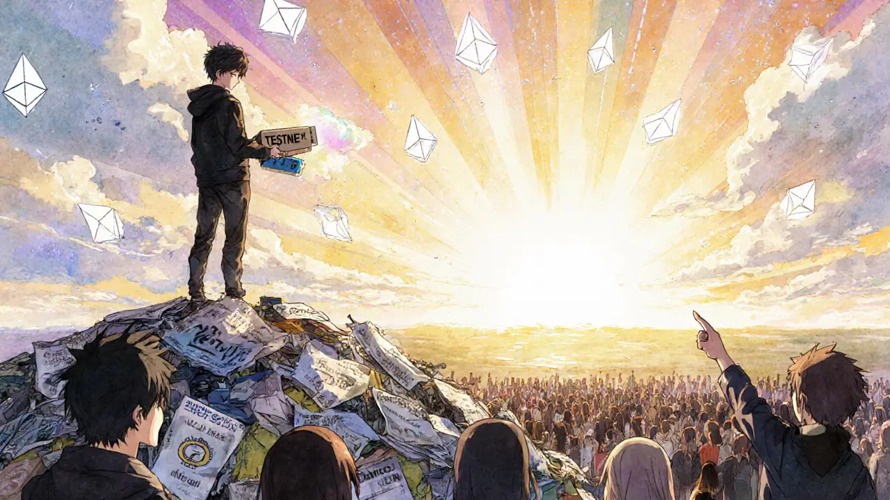 Developer holding testnet drive atop hype posters as blockchain dawns in distance