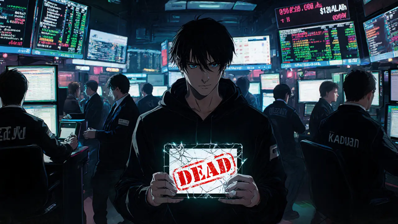 Empty traders in a neon crypto floor, one staring at a dead ORACLE token while real AI projects glow nearby.