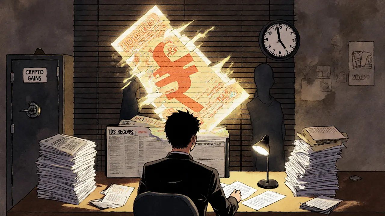 Entrepreneur surrounded by crypto tax documents as Digital Rupee looms in shadow