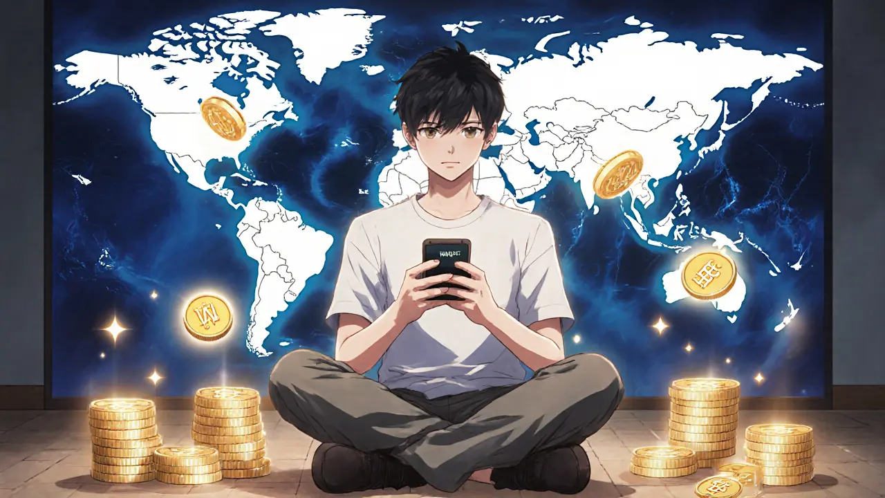 Gamer holding phone with WOMBAT tokens and NFTs floating around in anime aesthetic