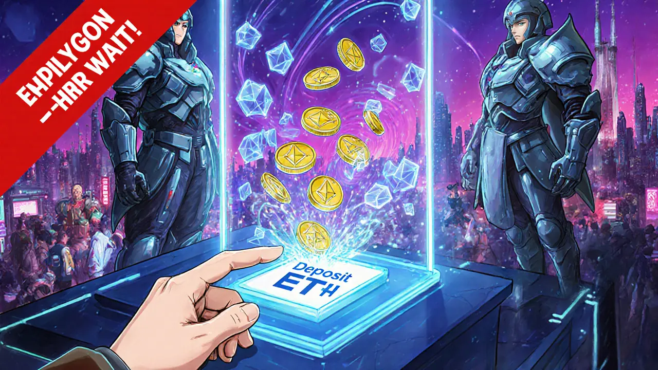 Hand depositing ETH into a portal as Polygon validators verify with glowing crystals in a digital city.