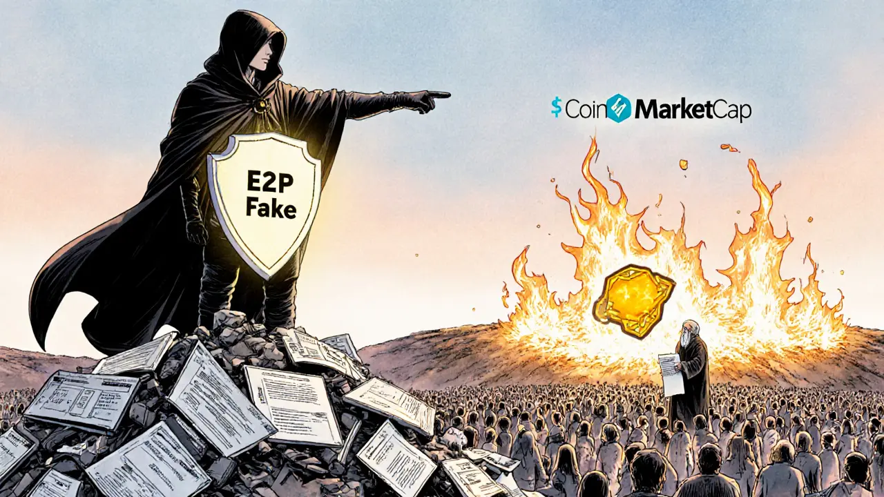 Hero standing on scam websites, pointing toward real airdrops with CoinMarketCap shield.