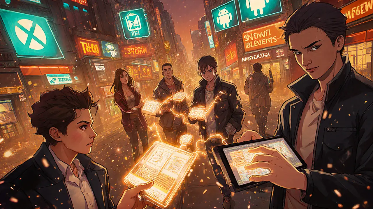 Players trading in-game items in a digital marketplace with blockchain links and multiple game platform icons.