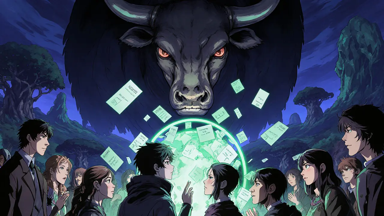 Polqueen holders voting on a new biome expansion with holographic ballots and Lepasa Bull above.