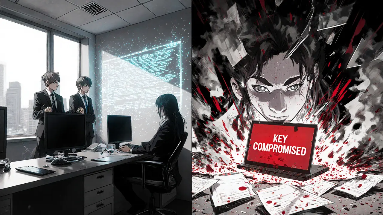 Split manga panel: cybersecurity team before and after a catastrophic key breach.