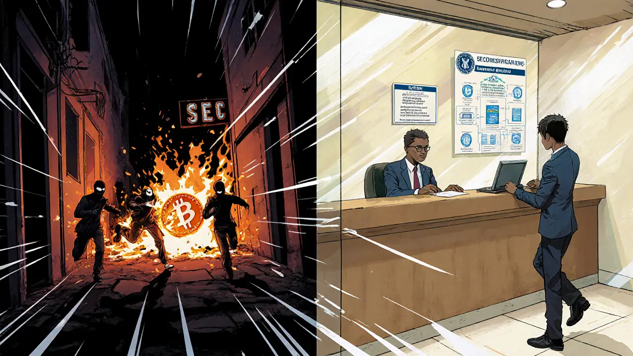 Split scene: chaotic crypto scam alley vs. orderly bank serving licensed crypto business