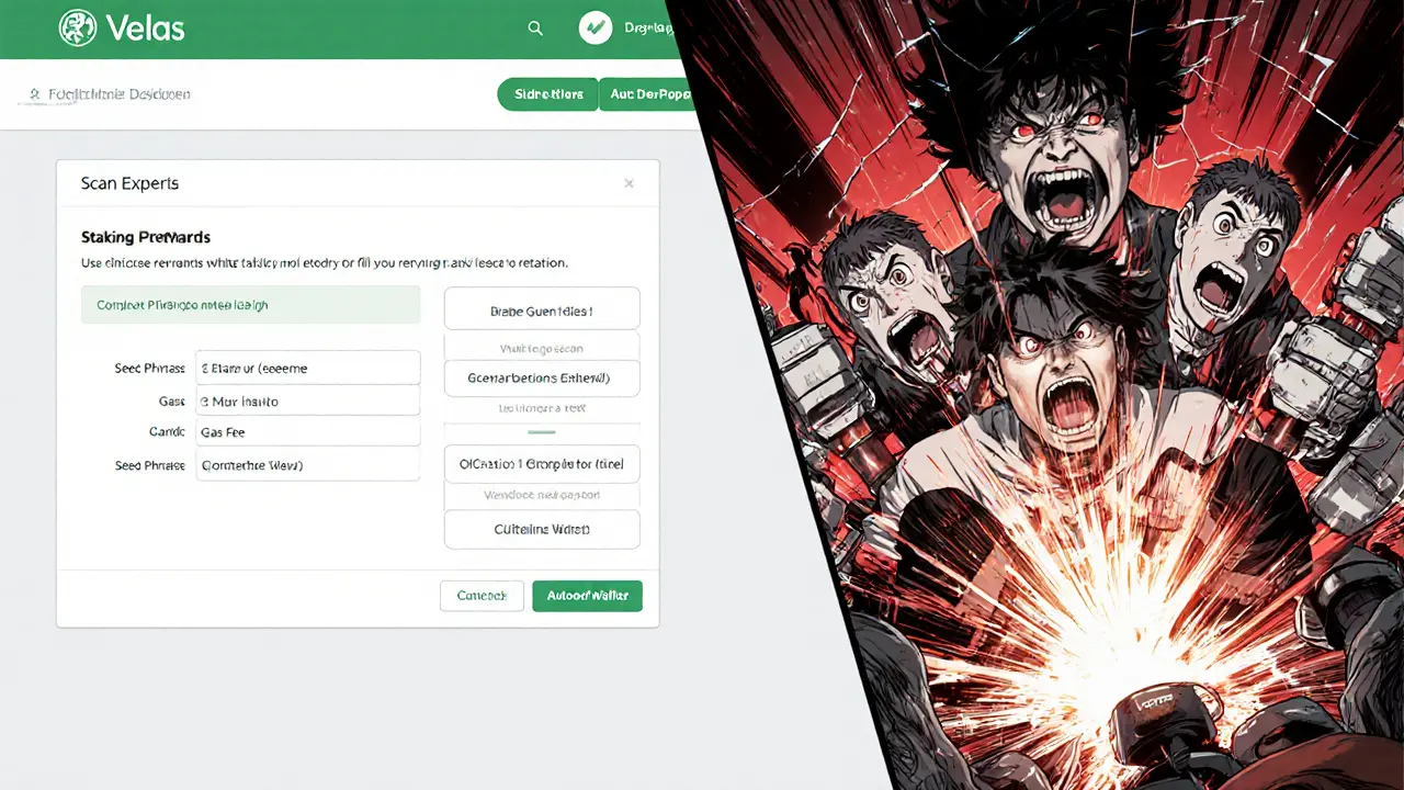 Split scene: peaceful official Velas staking vs chaotic scam site with screaming figures pulling fraudulent levers.