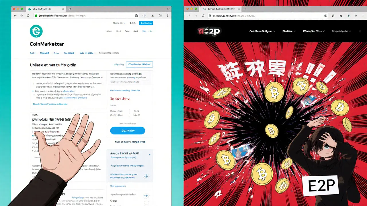 Split scene: real airdrop instructions vs. chaotic fake website with sinking crypto.