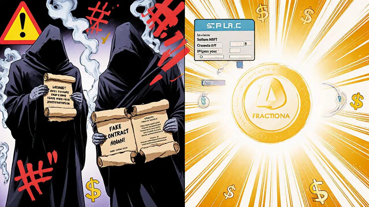 Split scene: shady scammers on one side, real blockchain activity on the other, in manga style.