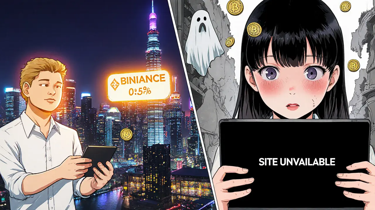 Split scene: trader happily depositing crypto vs. staring at a black screen with ghostly coins fading away.