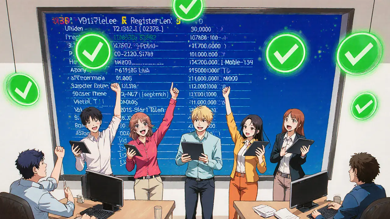 Startup team celebrating FIU-IND registration with compliance data on screens