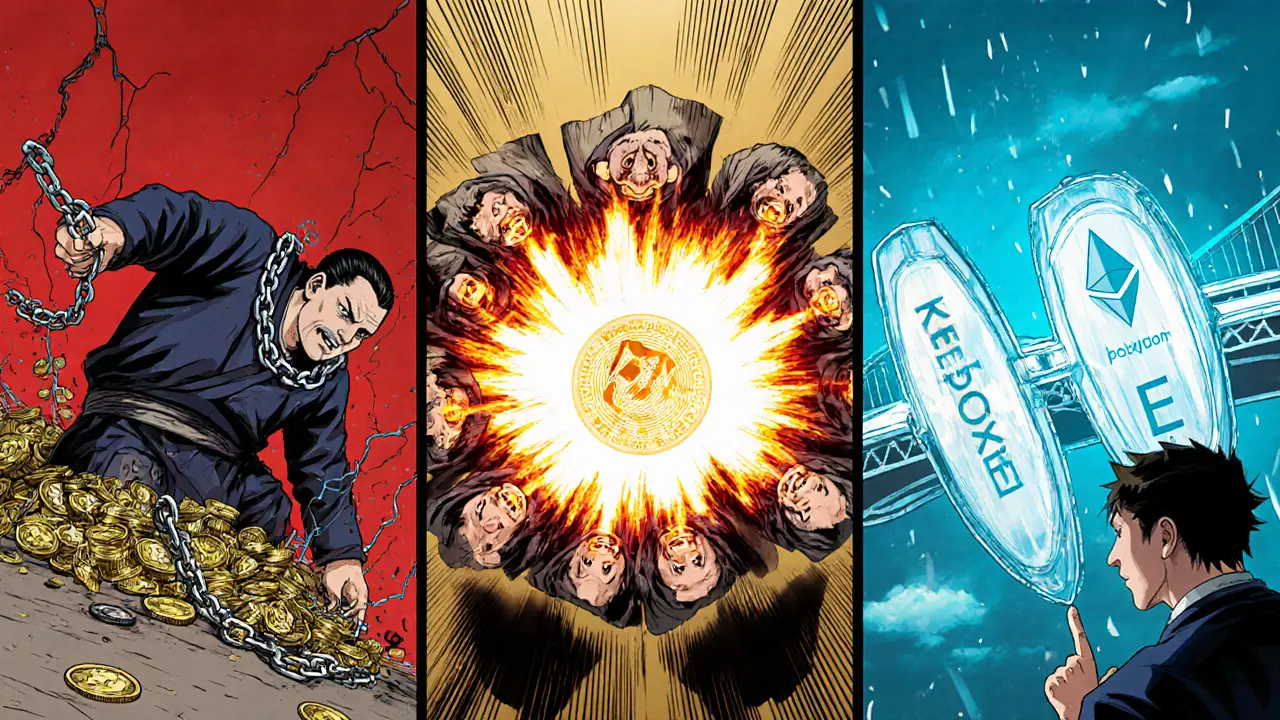 Three-panel manga showing bridge security evolution: hacked Ronin, secure Polygon, and futuristic trustless bridge.