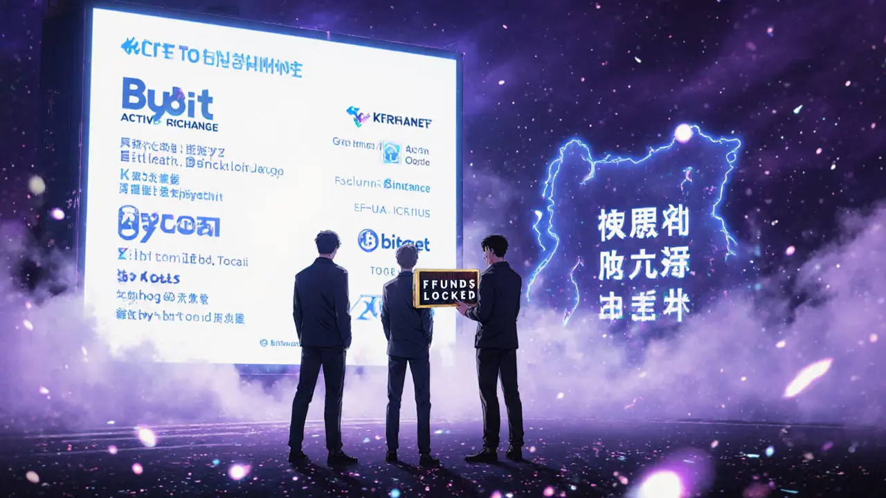 Three traders face active exchanges as Bithumb Singapore fades into mist, one holding a &#039;Funds Locked&#039; wallet.