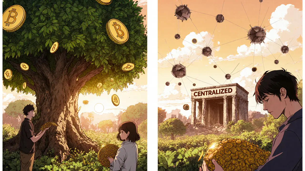 Traders harvesting YUZU trees grown from TPST seeds in a futuristic blockchain garden.