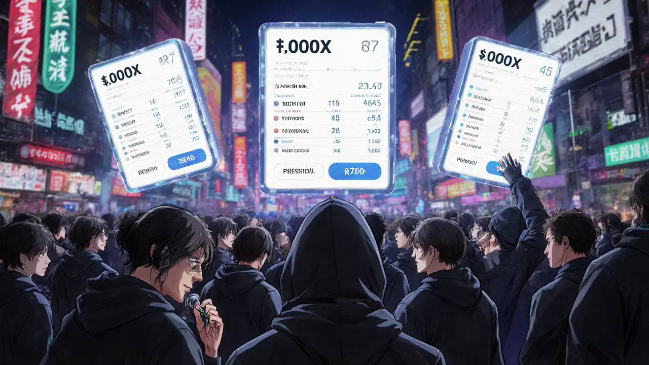 Traders stare at conflicting price screens in a neon cybermarket, one weeping.