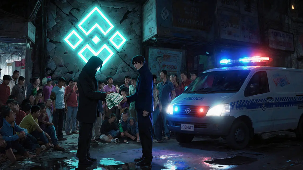 Underground crypto traders exchange cash in a Dhaka alley as a police van approaches.