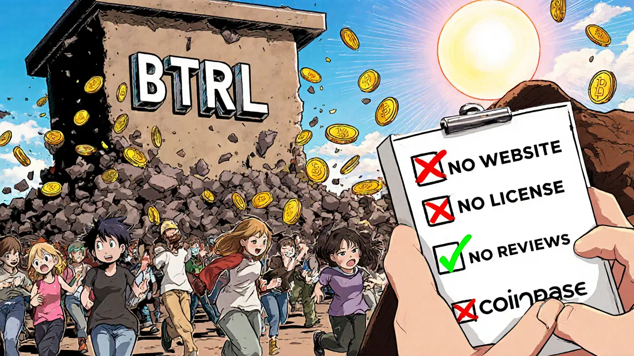 Users flee as BTRL tower collapses, coins turning to ash, with a safety checklist in foreground.