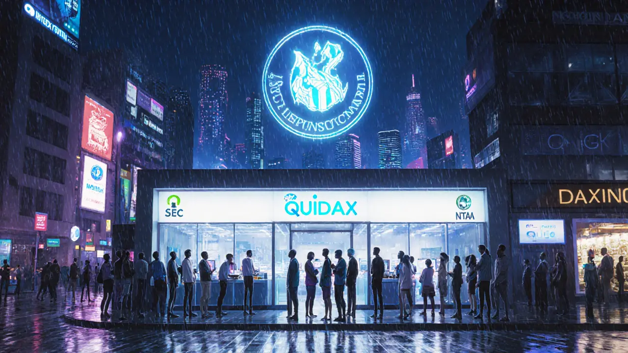 Young Nigerians outside a licensed crypto exchange at night, with SEC logo glowing over city skyline