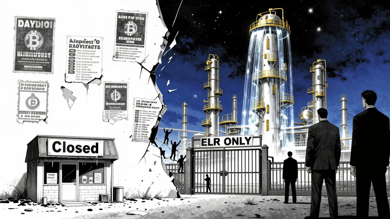 A barred gate separates a shuttered store from a massive refinery, symbolizing elite-only access to legal crypto in Russia.