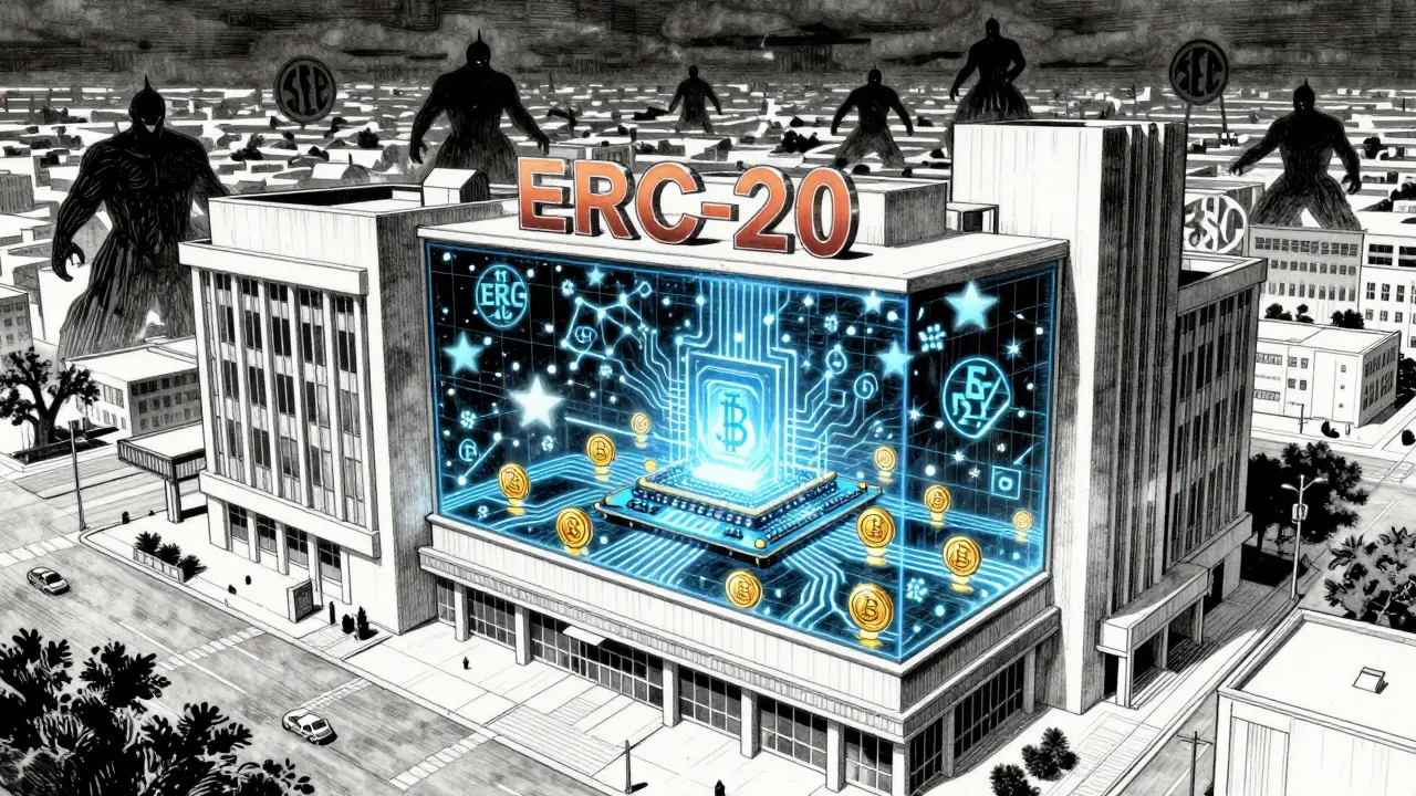 A commercial building covered in glowing token symbols, with smart contracts distributing payments in anime manga style.