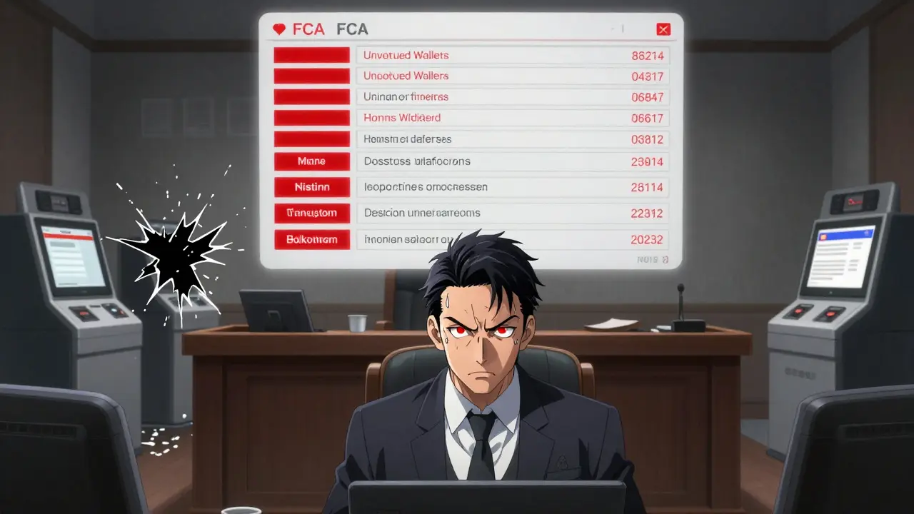 A crypto founder in court surrounded by digital warnings of failed compliance and blocked services.