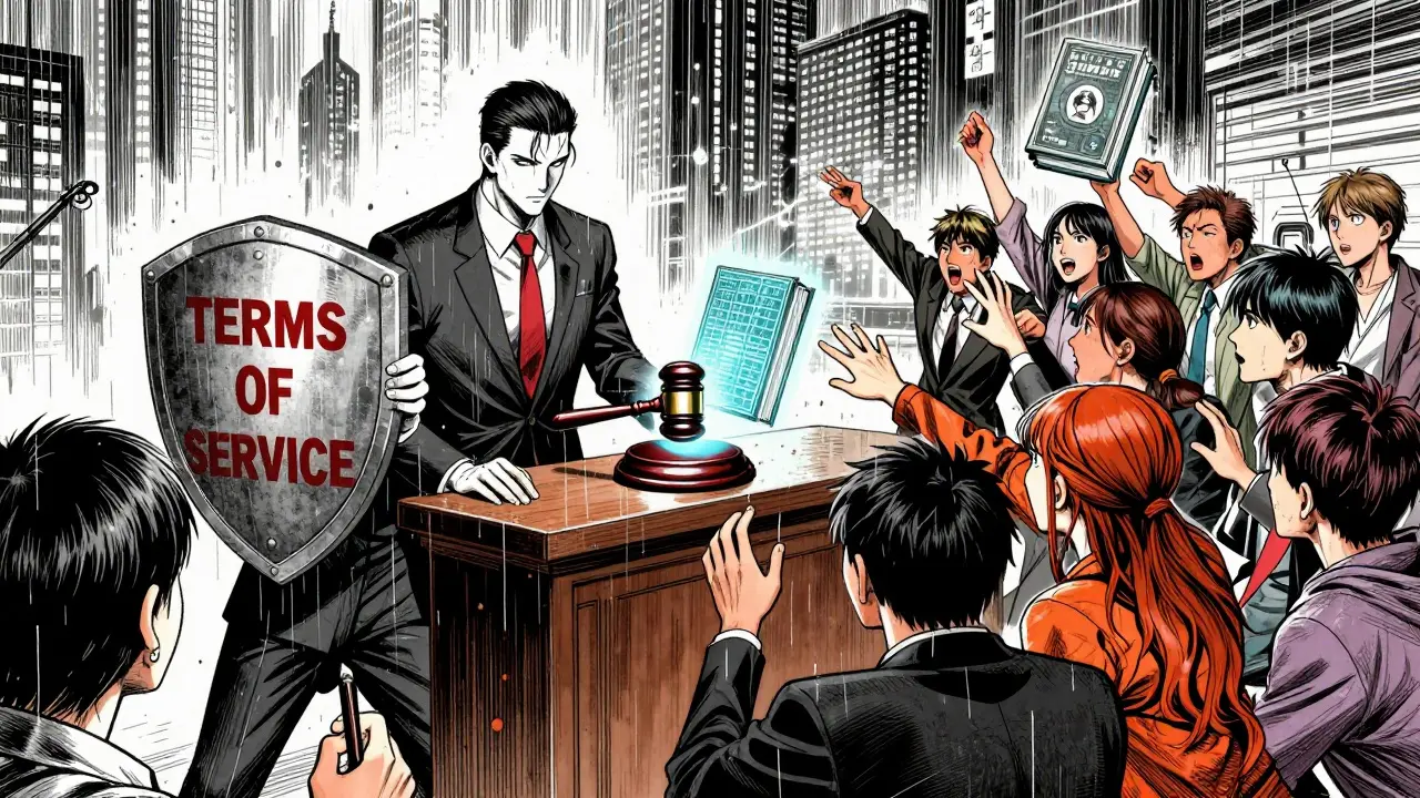 A cyberpunk courtroom where users reach for a fading ebook while a corporation defends licensing terms.