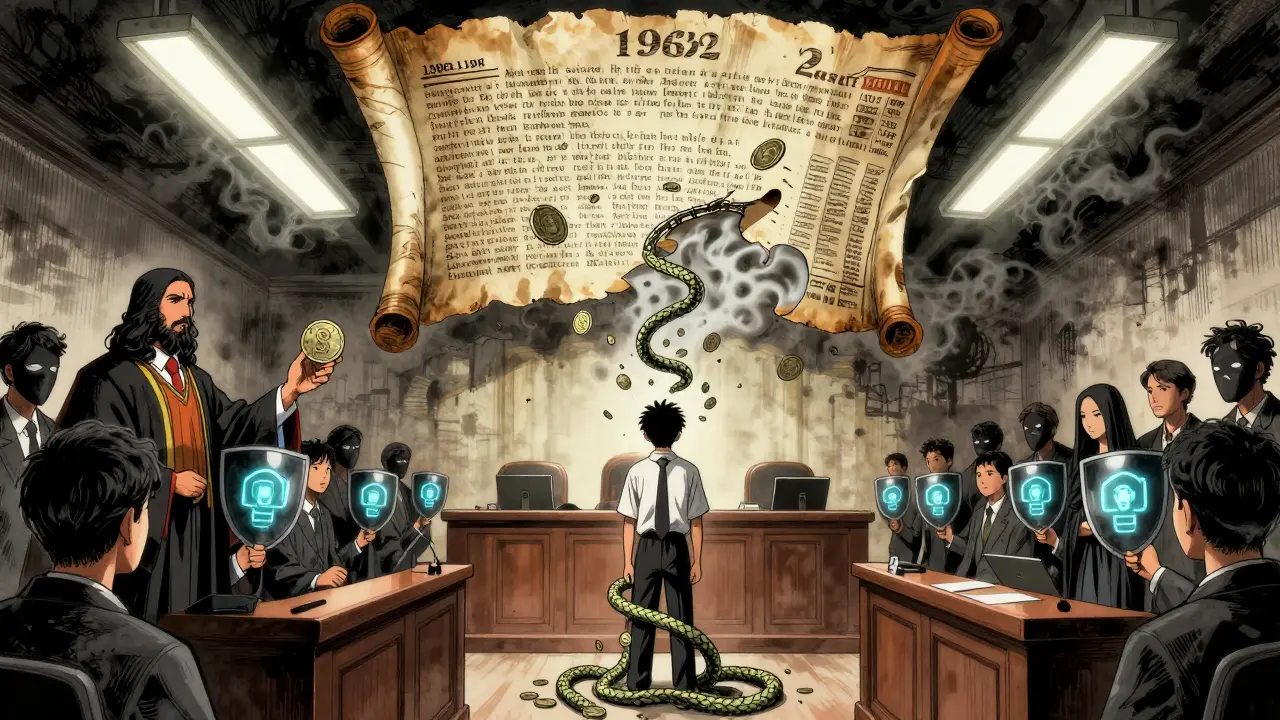 A defendant in court is surrounded by digital coins and the ancient 1962 law turning to smoke.
