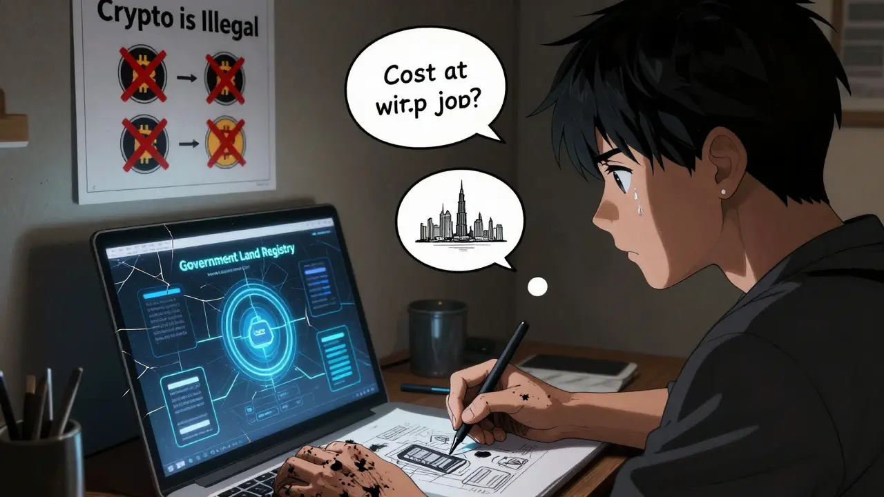 A developer in a dark room staring at a blockchain project while banned crypto icons are crossed out on the wall.