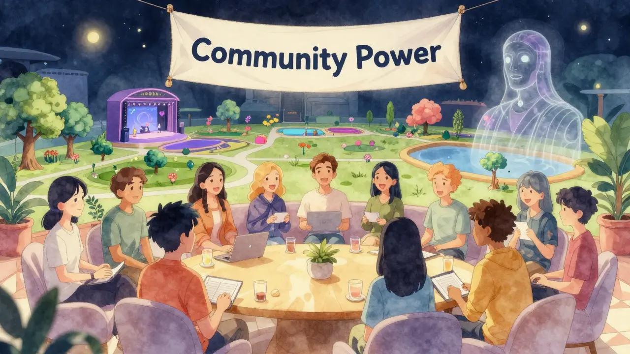 A diverse group of anime-style avatars gather in a glowing digital lounge, surrounded by virtual land and creator portraits.