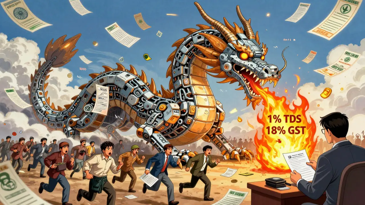 A giant tax dragon breathes 1% TDS fire over anxious crypto traders, with digital receipts floating in the sky.