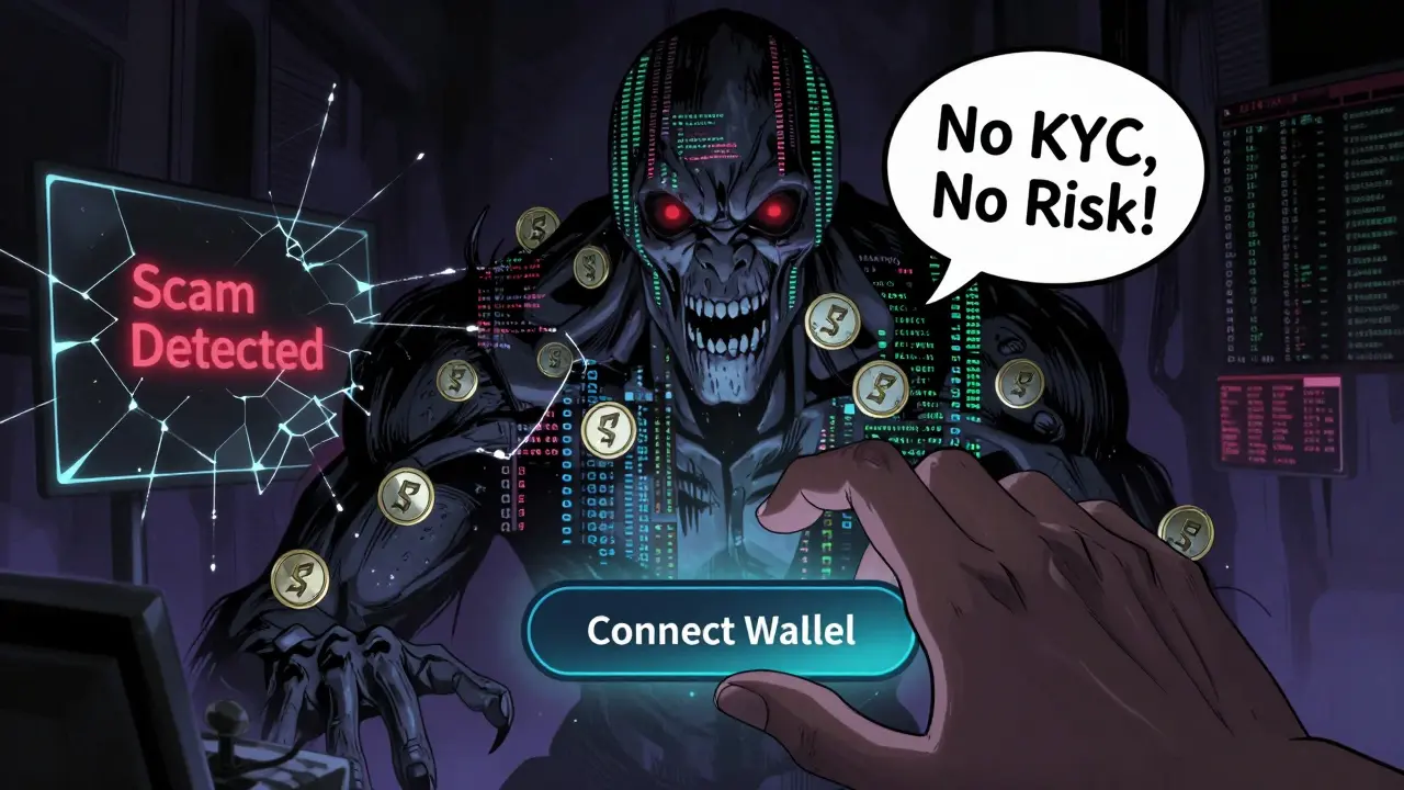 A hand about to connect a wallet as a monstrous entity made of blockchain code looms behind.