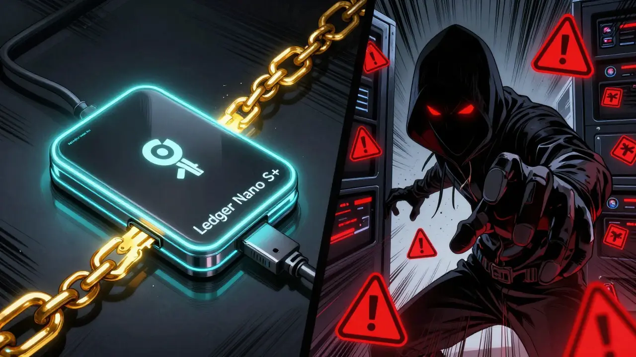 A hardware wallet securing crypto while a hacker tries to breach an exchange server.