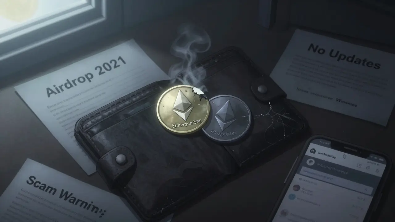 A lone wallet with an old crumbling CPR token and a dim new one, surrounded by warning notes.