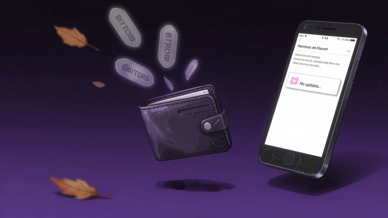 A lonely wallet drifting in void with ghostly BITORB tokens fading away into darkness.