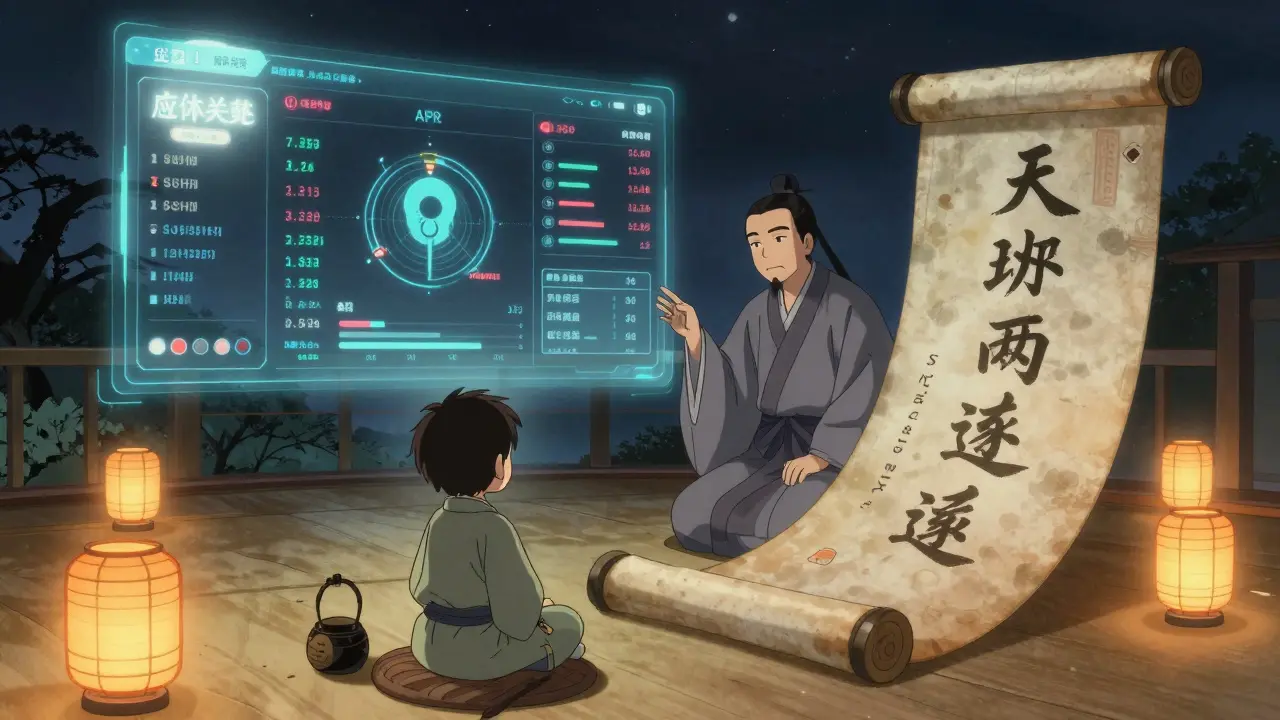 A mentor teaching a student about liquidity pools in a serene digital dojo, with Sushi Academy scroll and wallet lanterns.
