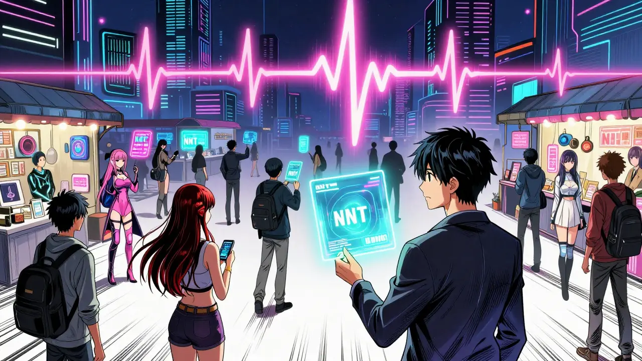 A neon cybercity marketplace with holographic NFTs and collectors haggling, a rising price tag glowing above.