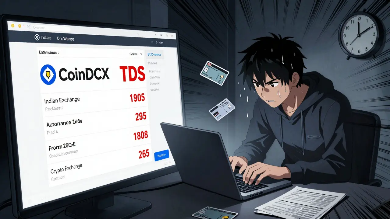 A P2P crypto trader struggles to file tax forms late at night under dim lighting, surrounded by PAN cards and stress.