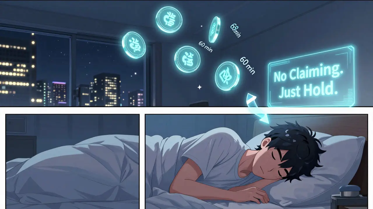 A person sleeping as CAKE tokens float into their wallet through the ceiling, symbolizing passive crypto rewards.