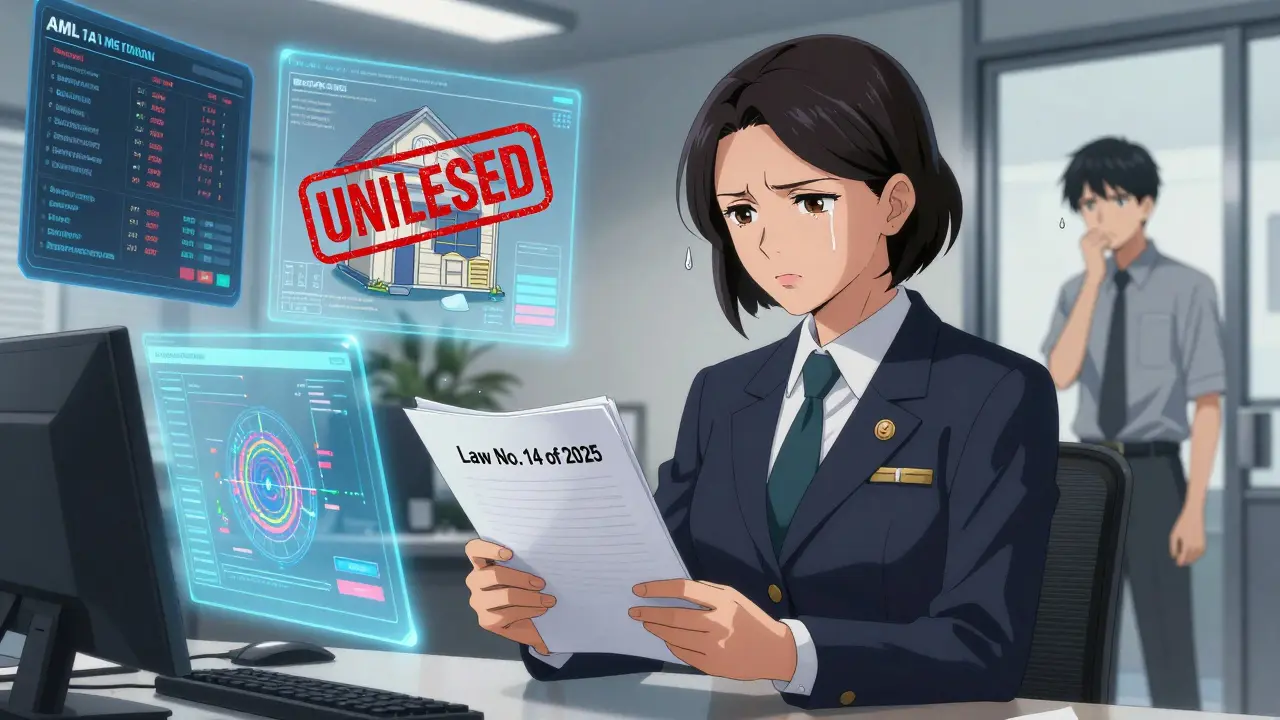 A regulator in a modern office reviewing crypto compliance documents with holographic AML data floating around.