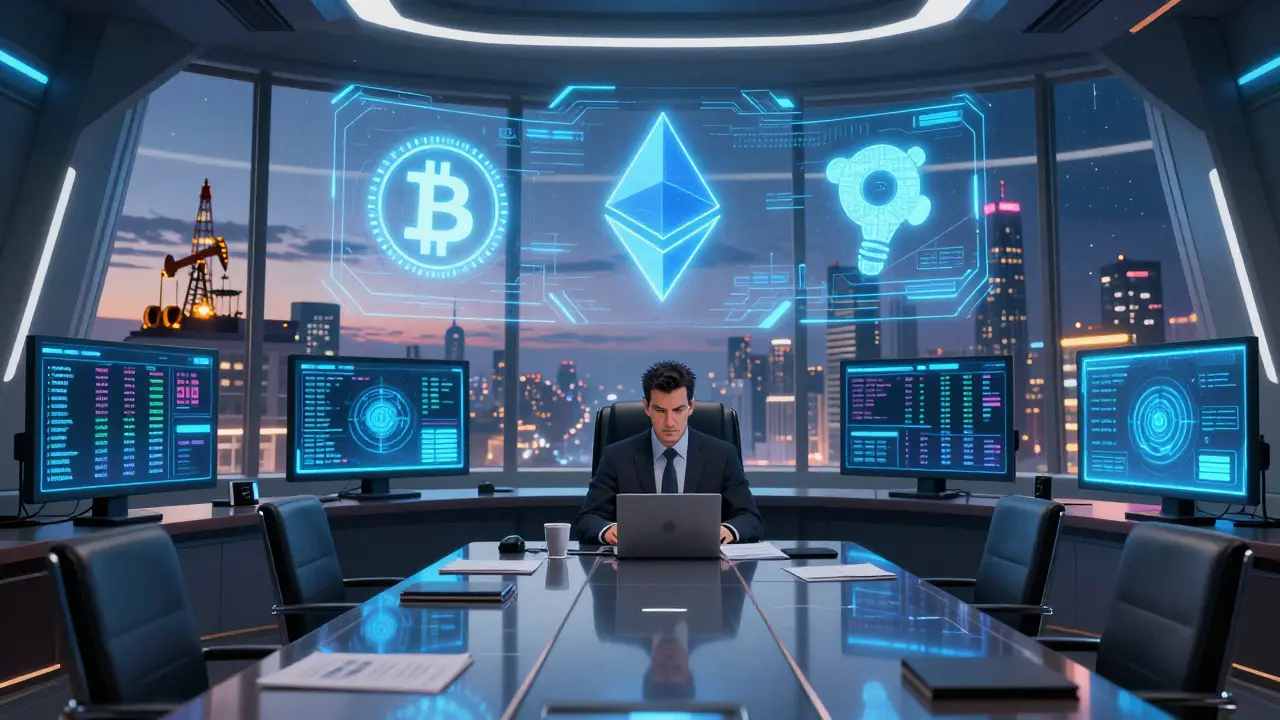 A Rosneft executive oversees real-time crypto transactions in a high-tech boardroom with holographic blockchain data.