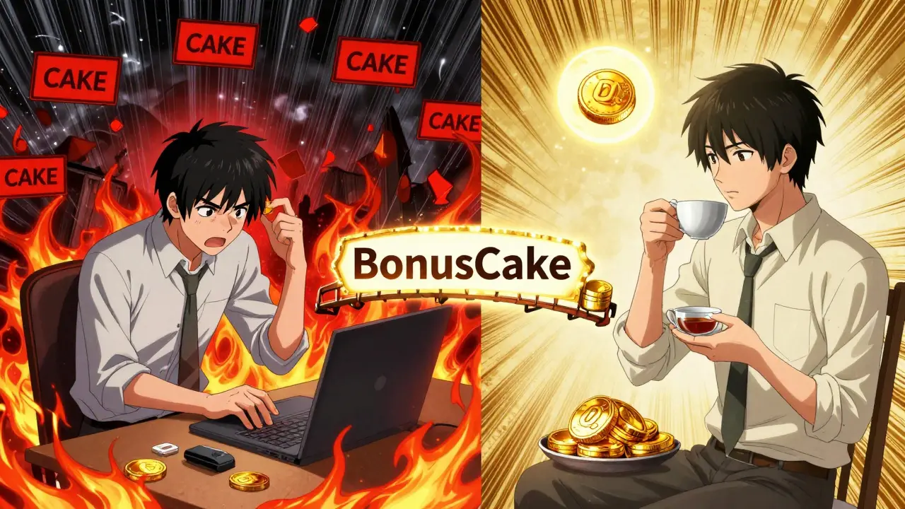 A split scene: chaotic manual claiming vs peaceful automatic CAKE rewards, connected by a glowing BonusCake bridge.