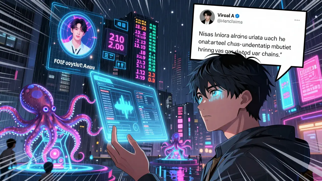 A trader in a neon city watches a tokenized celebrity royalty price surge as a viral tweet flashes in the sky.