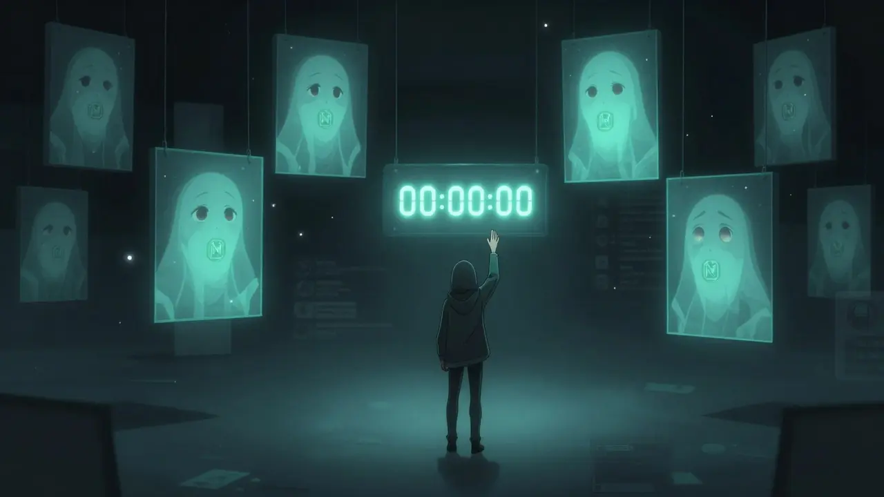 An empty virtual gallery with ghostly NFTs and a frozen auction timer, lit by dim glowing tokens.