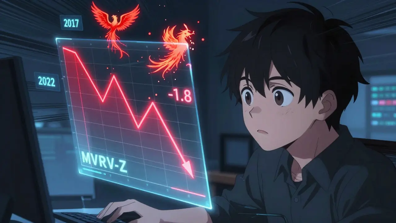 Analyst staring at a falling MVRV-Z score graph with past crash data floating around