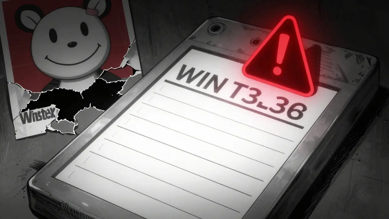 Blank blockchain ledger with pulsing warning symbol and peeling Winstex poster.