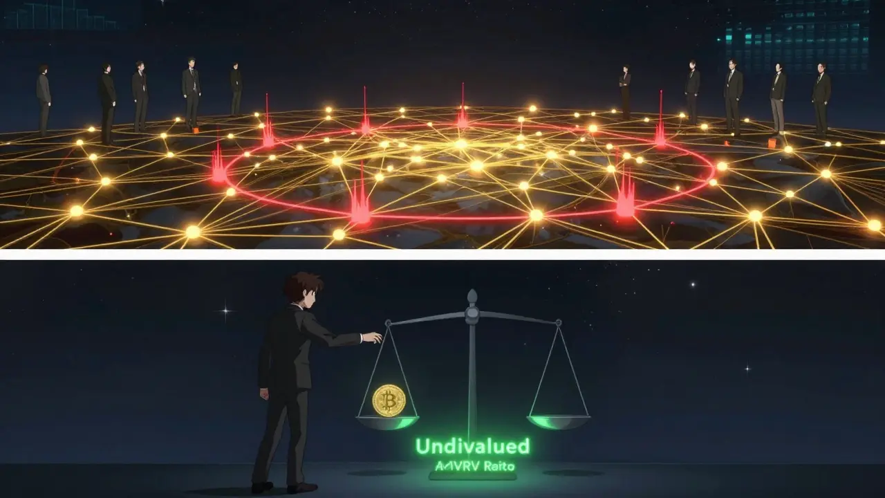 Blockchain network as a living organism with golden and crimson threads, MVRV scale tipping green